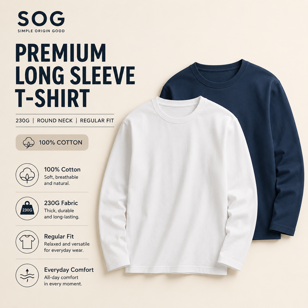 (230gsm) Long Sleeve Premium Cotton T-Shirt Regular Fit