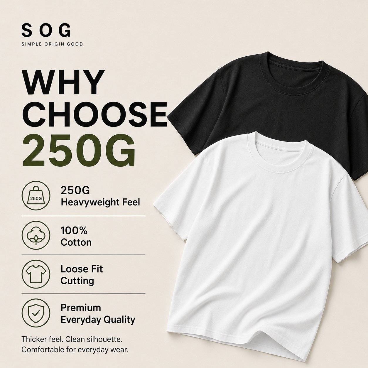 (250gsm) 100% Cotton T-Shirt Round Neck Loose Fit