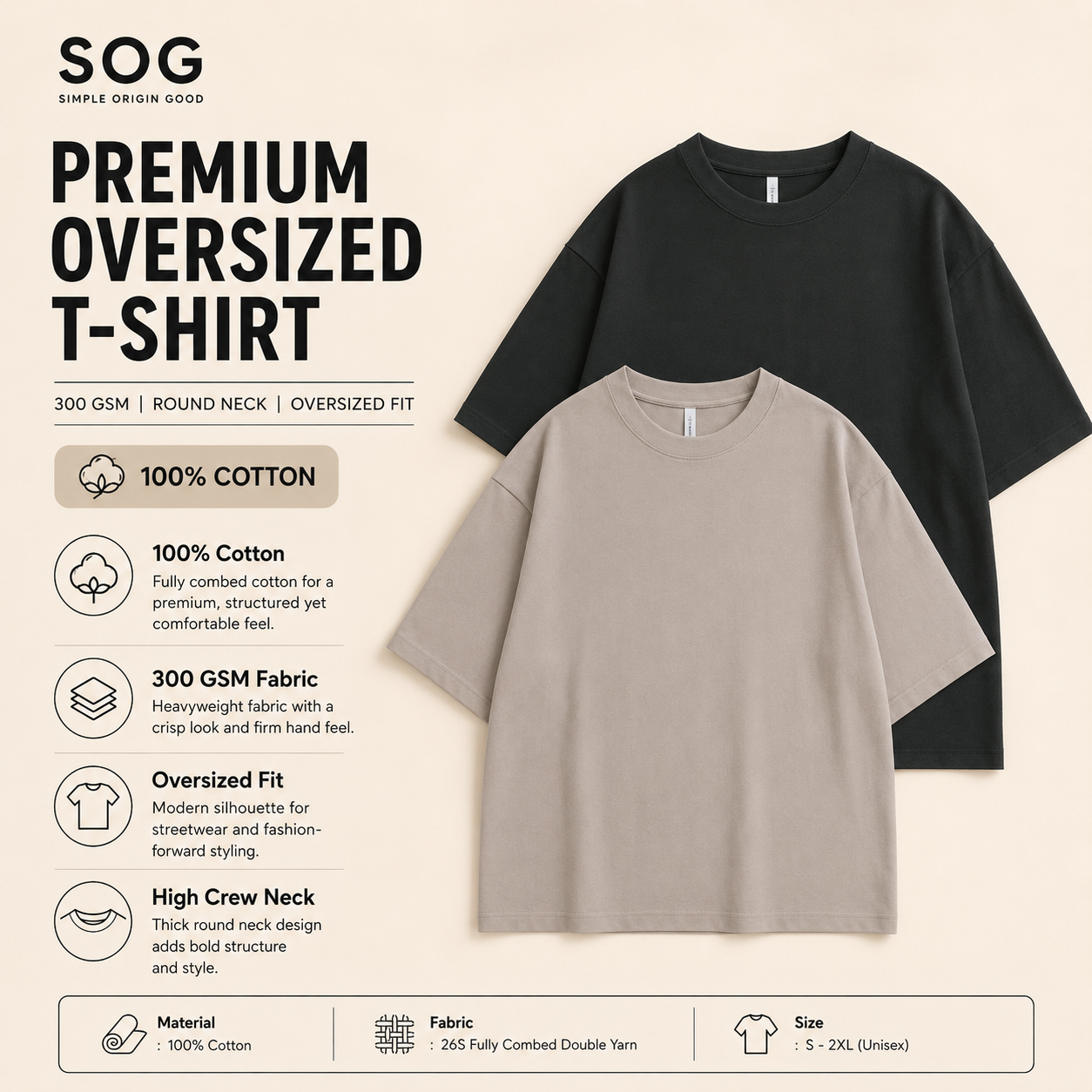 (300gsm) 100% Cotton Oversized T-Shirt Round Neck Short Sleeve